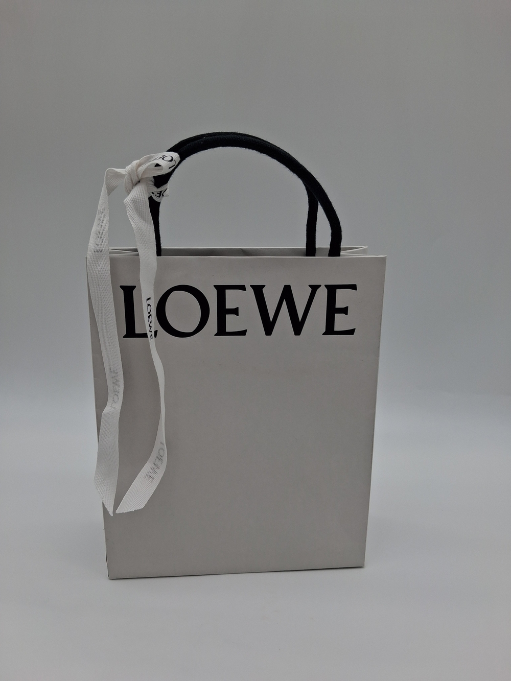 LOEWE White Shopping Gift Bag Black Handles Logo Ribbon Luxury Packaging EUC